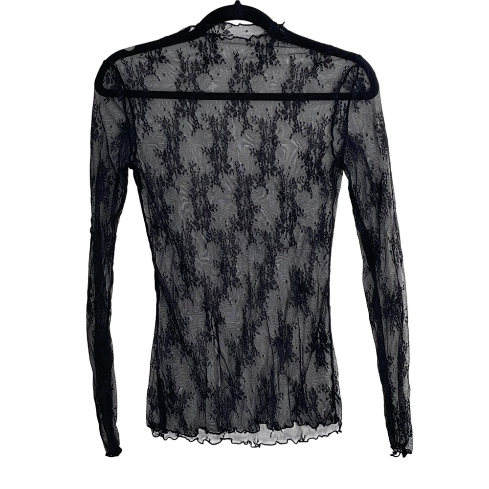 Sheer Black Lace Mock Neck Long Sleeve Top Mesh Floral Ruffle‎ Trim Whimsigoth